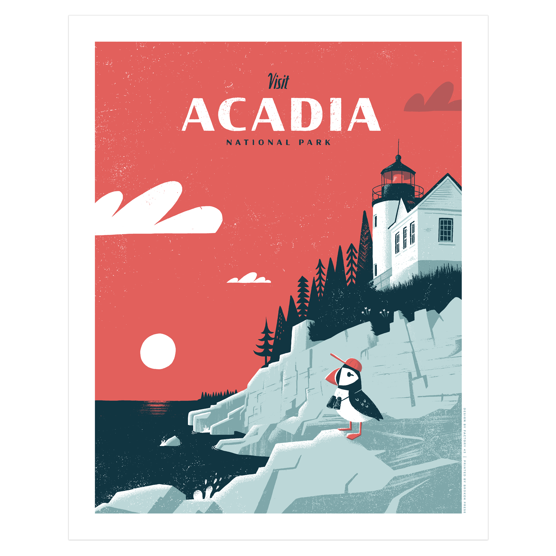 Acadia National Park poster featuring a puffin wearing a hat and binoculars near the Baker Island Light Station lighthouse in Maine.