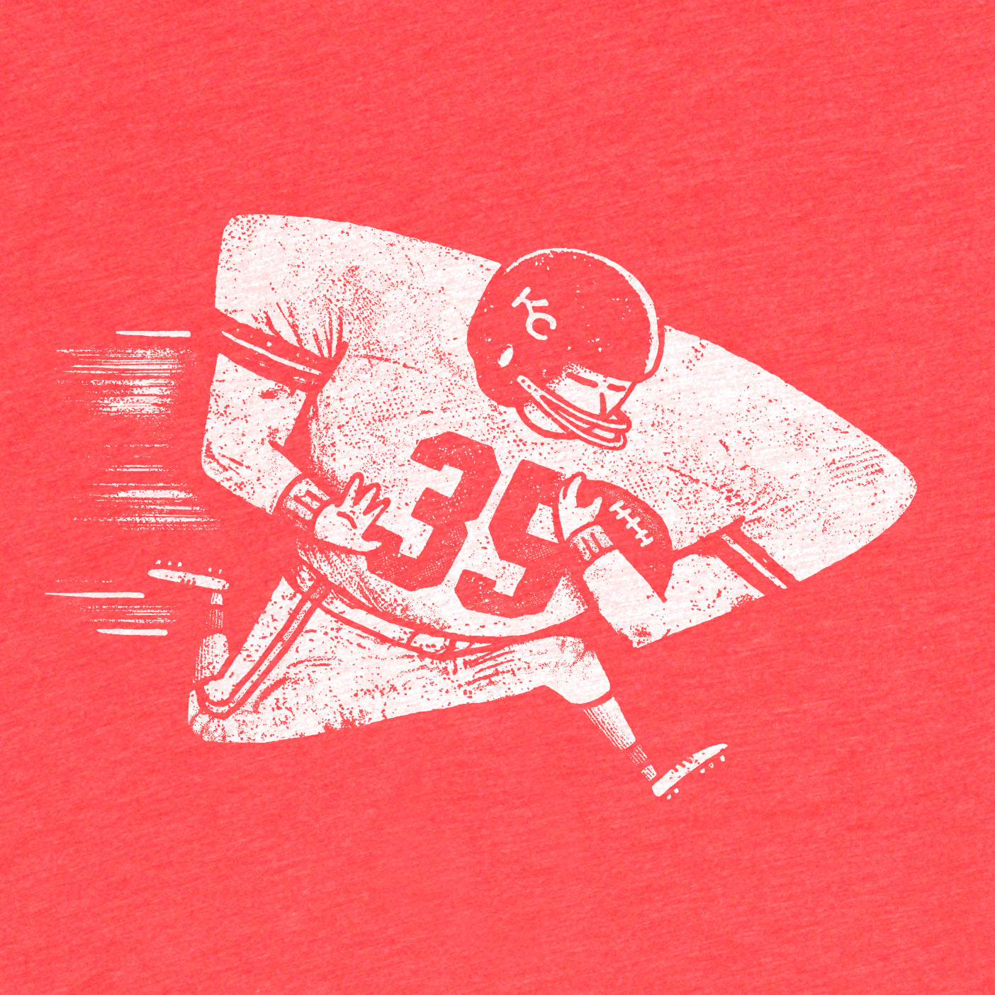 Detail of super soft red mens/womens tee of an arrowhead shaped football player running. Factory 43 is a graphic design studio that makes art with a PNW vibe that reflects their Midwest/Southern roots. This cotton/polyester/rayon was printed in Seattle, Washington.