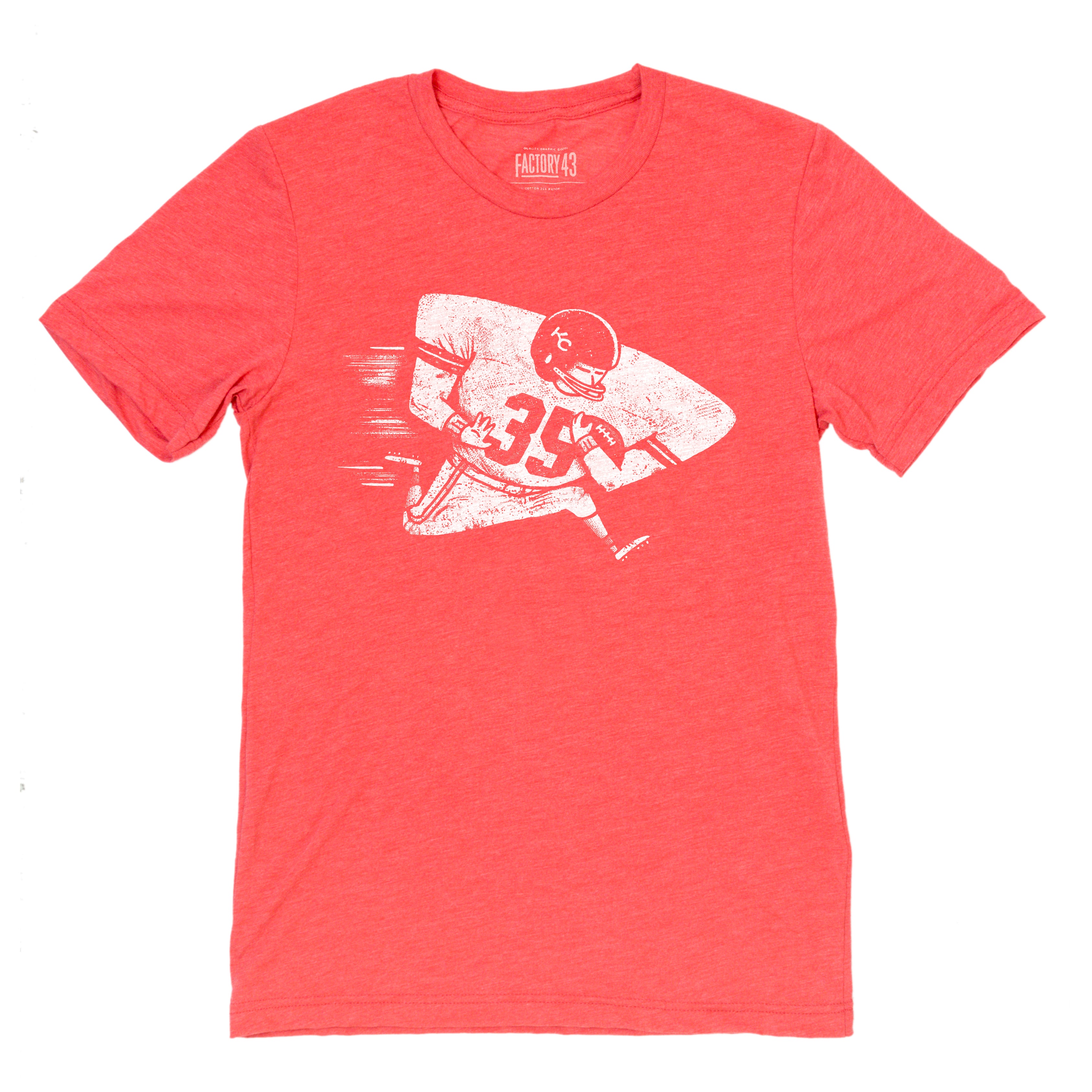 Super soft red mens/womens tee of an arrowhead shaped football player running. Factory 43 is a graphic design studio that makes art with a PNW vibe that reflects their Midwest/Southern roots. This cotton/polyester/rayon was printed in Seattle, Washington.
