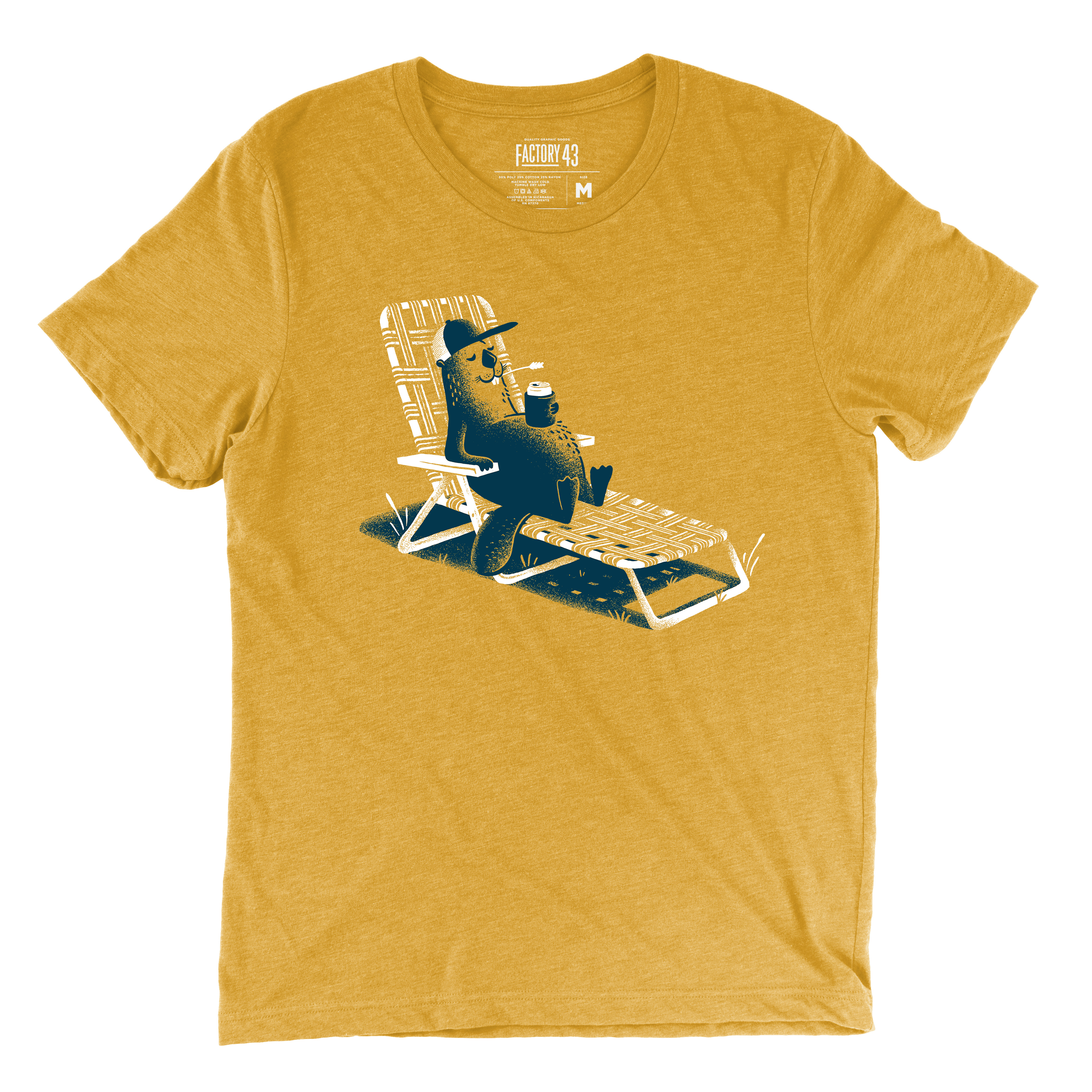 Mustard yellow tee of beaver in a lawnchair drinking a beer or soda.
