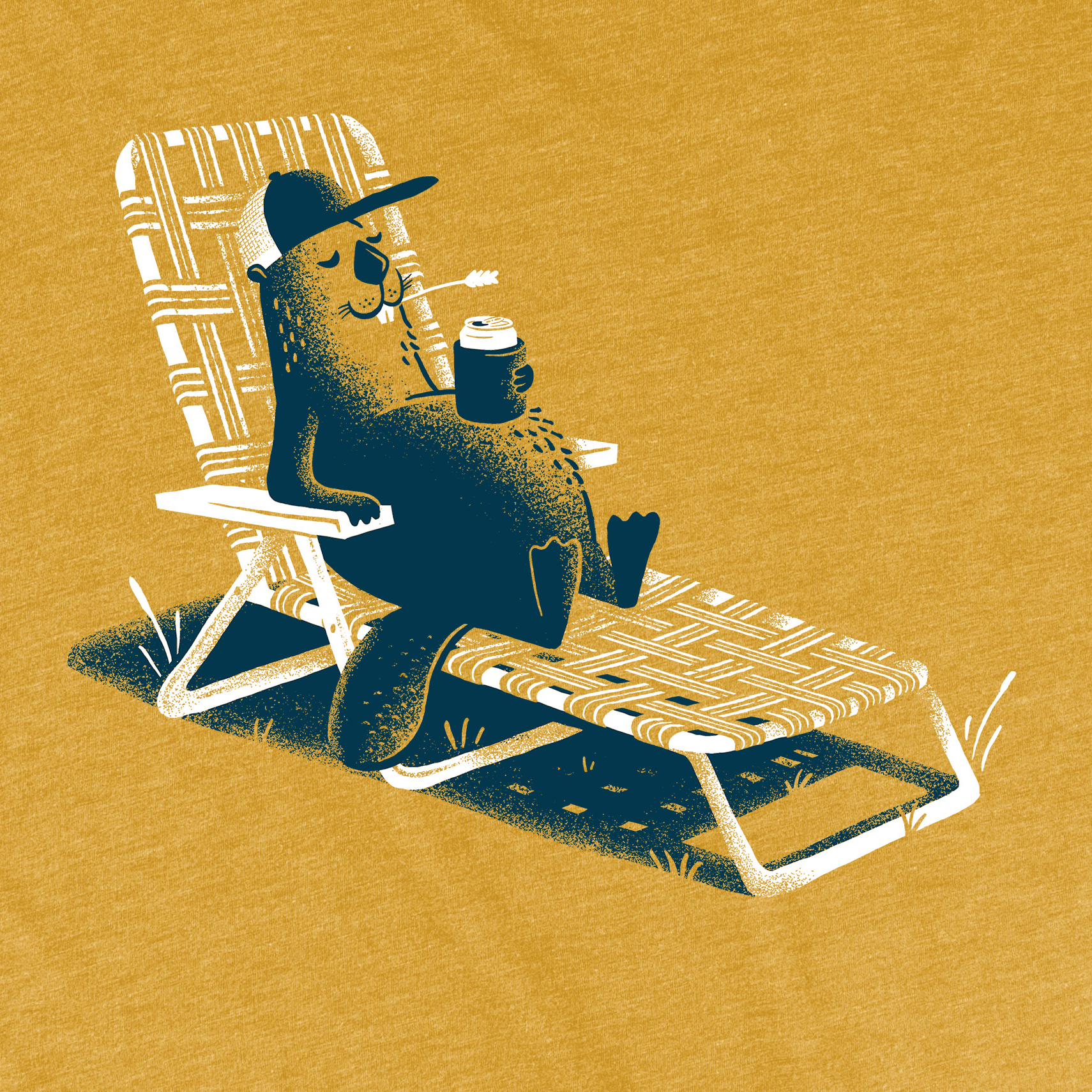 Detail of mustard yellow tee of beaver in a lawnchair drinking a beer or soda.