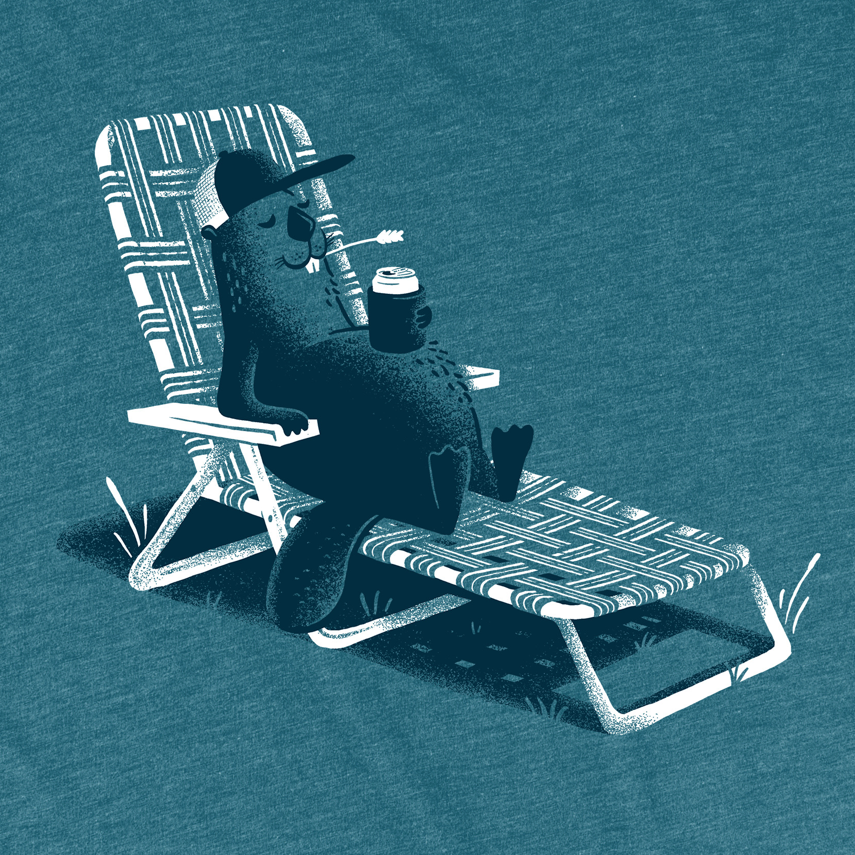 Detail of steel blue tee of beaver in a lawnchair drinking a beer or soda.