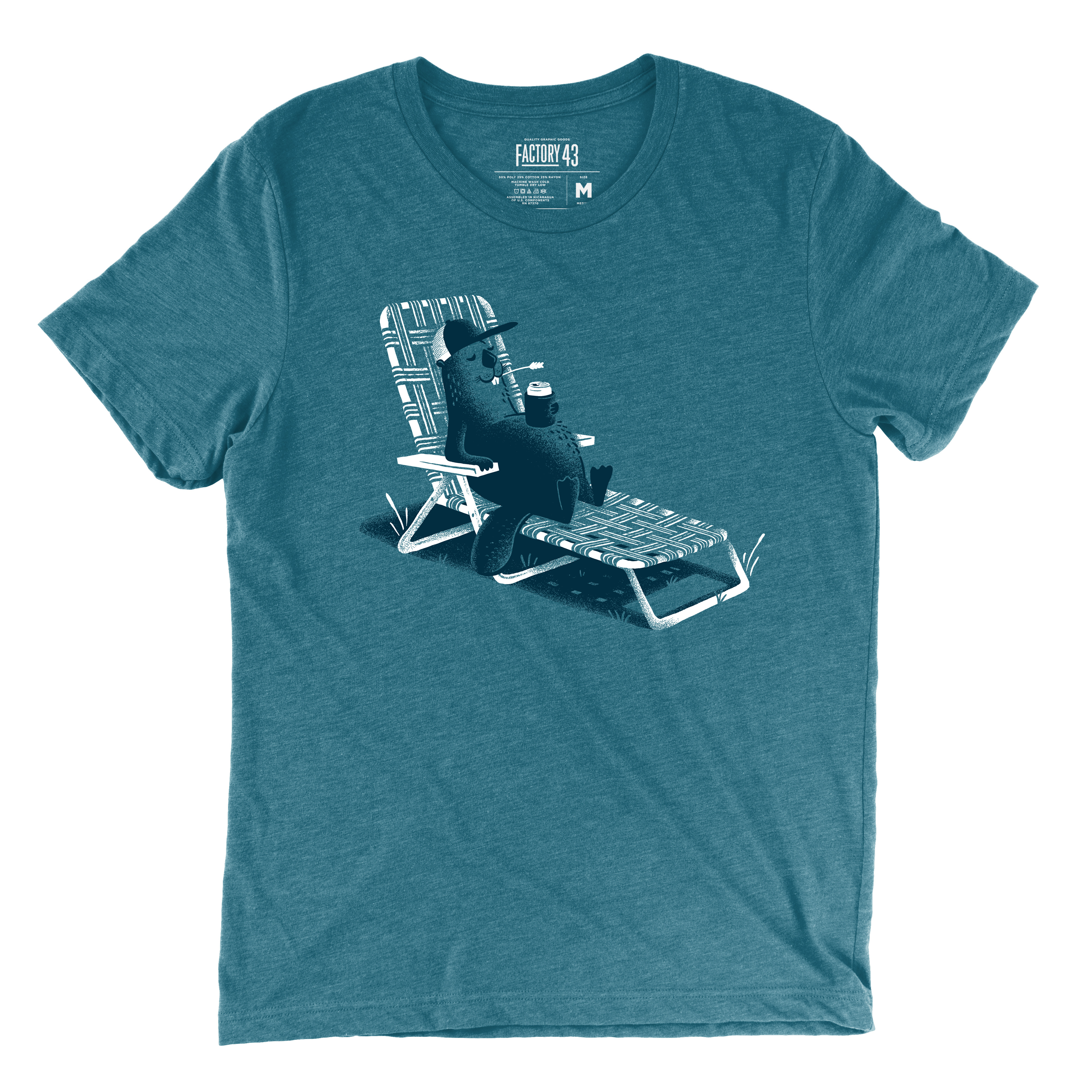 Steel blue tee of beaver in a lawnchair drinking a beer or soda.
