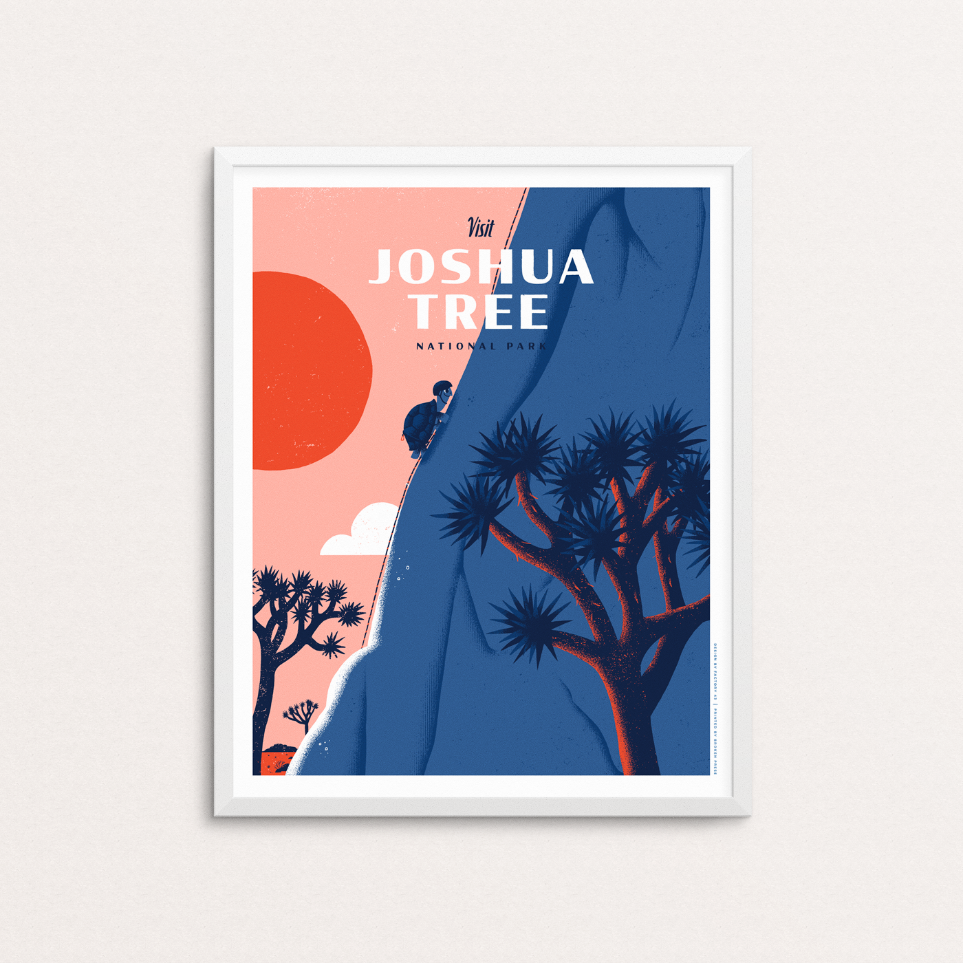 A turtle climbs a high desert rock face at Joshua Tree National Park in California in this limited edition print. Poster is shown in a white frame.