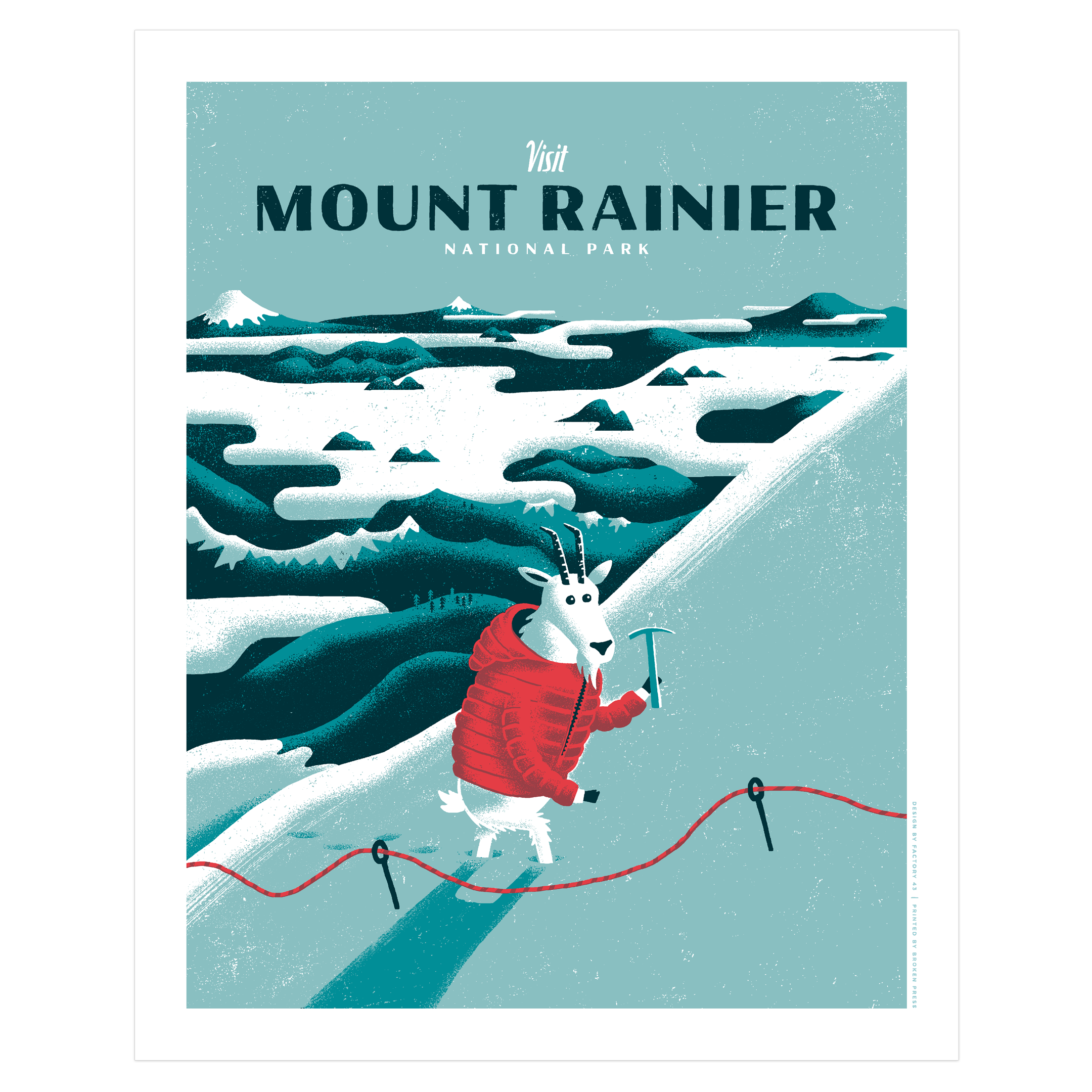 Mount Ranier National Park screenprinted poster print featuring mountain goat in red puffer jacket climbing the Washington state icon.