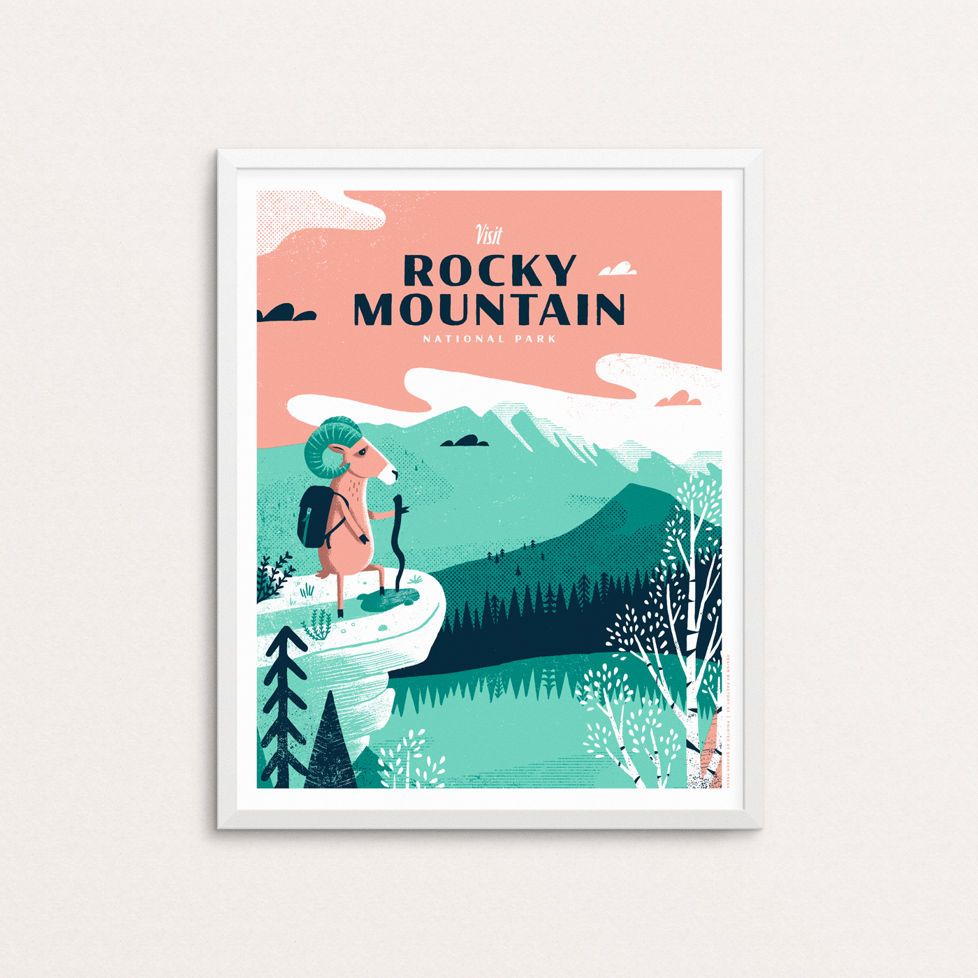 A big horn sheep reaches a scenic point of Rocky Mountain National Park in Colorado. Poster is shown in a white frame.