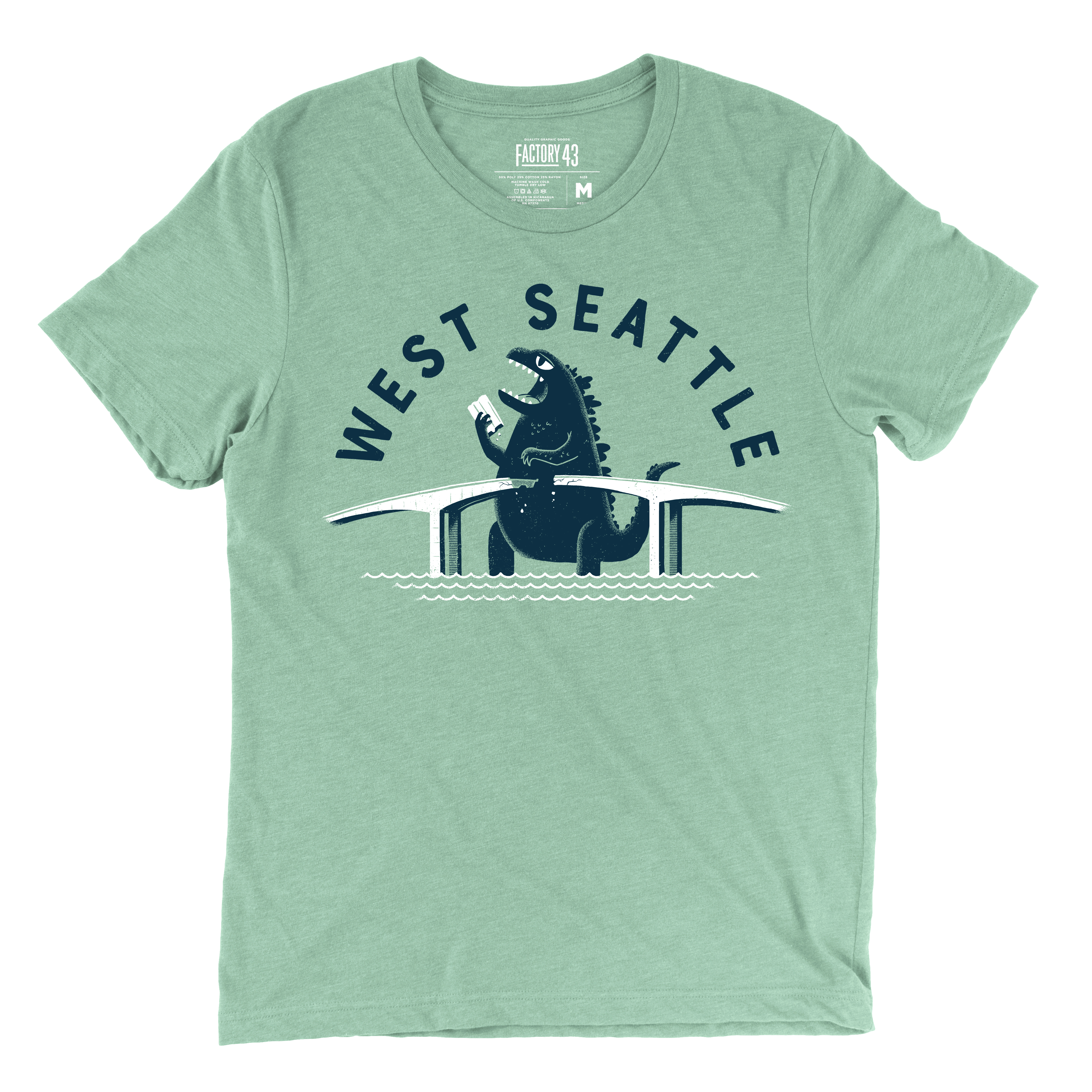 Super soft green mens/womens graphic tshirt of Godzilla or kujuri monster destroying the West Seattle Bridge.