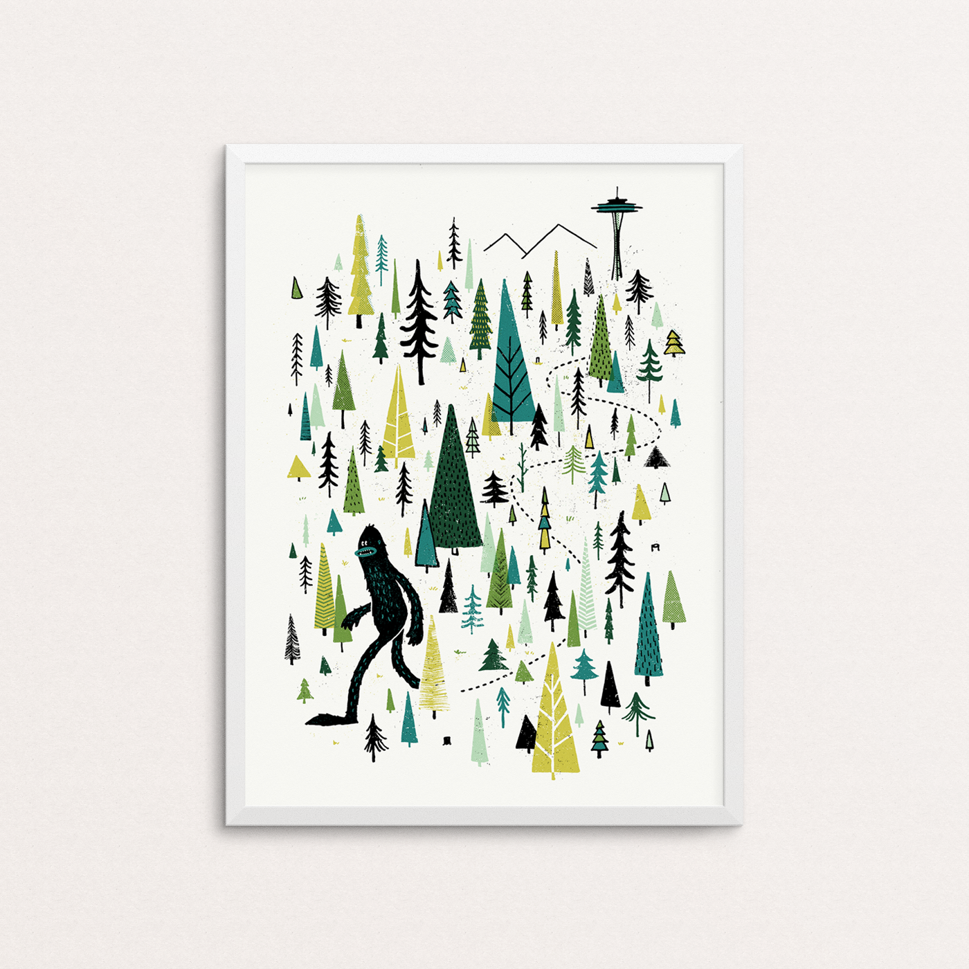 Sasquatch or Big Foot walking in the forest from mountains and the Seattle Space Needle. The illustration is screen printed on white paper with various greens and black inks.