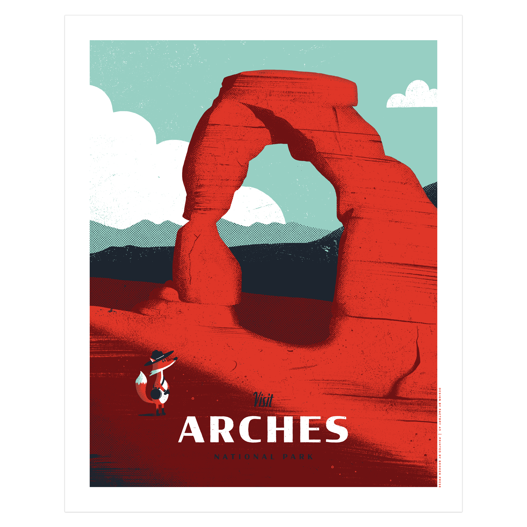Arches National Park poster featuring a fox with a hat and canteen admiring red rocks of Delicate Arch in Utah.