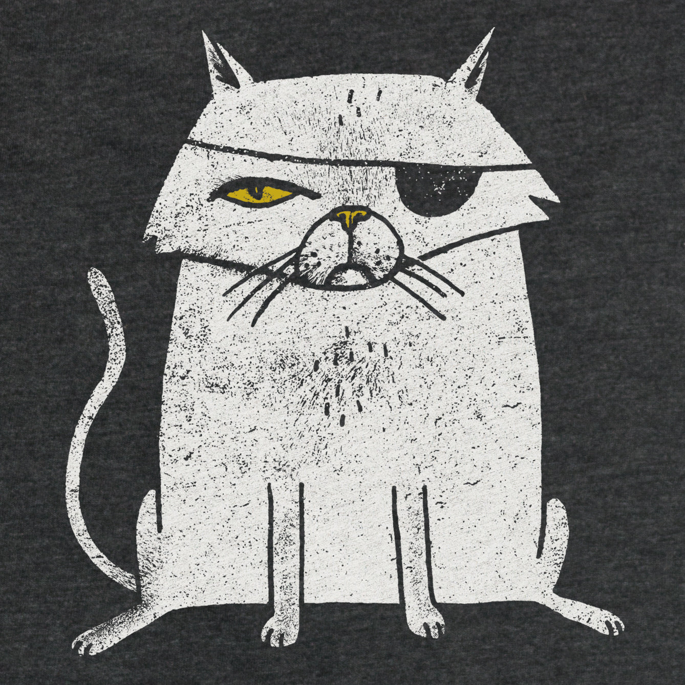 Detail of super soft gray kids/infant graphic tshirt of a one eyed cat with an eyepatch. The cat looks like a pirate or an evil Bond villian. Factory 43 is a graphic design studio that makes art with a PNW vibe that reflects their Midwest/Southern roots. This cotton/polyester/rayon shirt printed in Seattle, Washington. The cat is white with a yellow eye and nose.