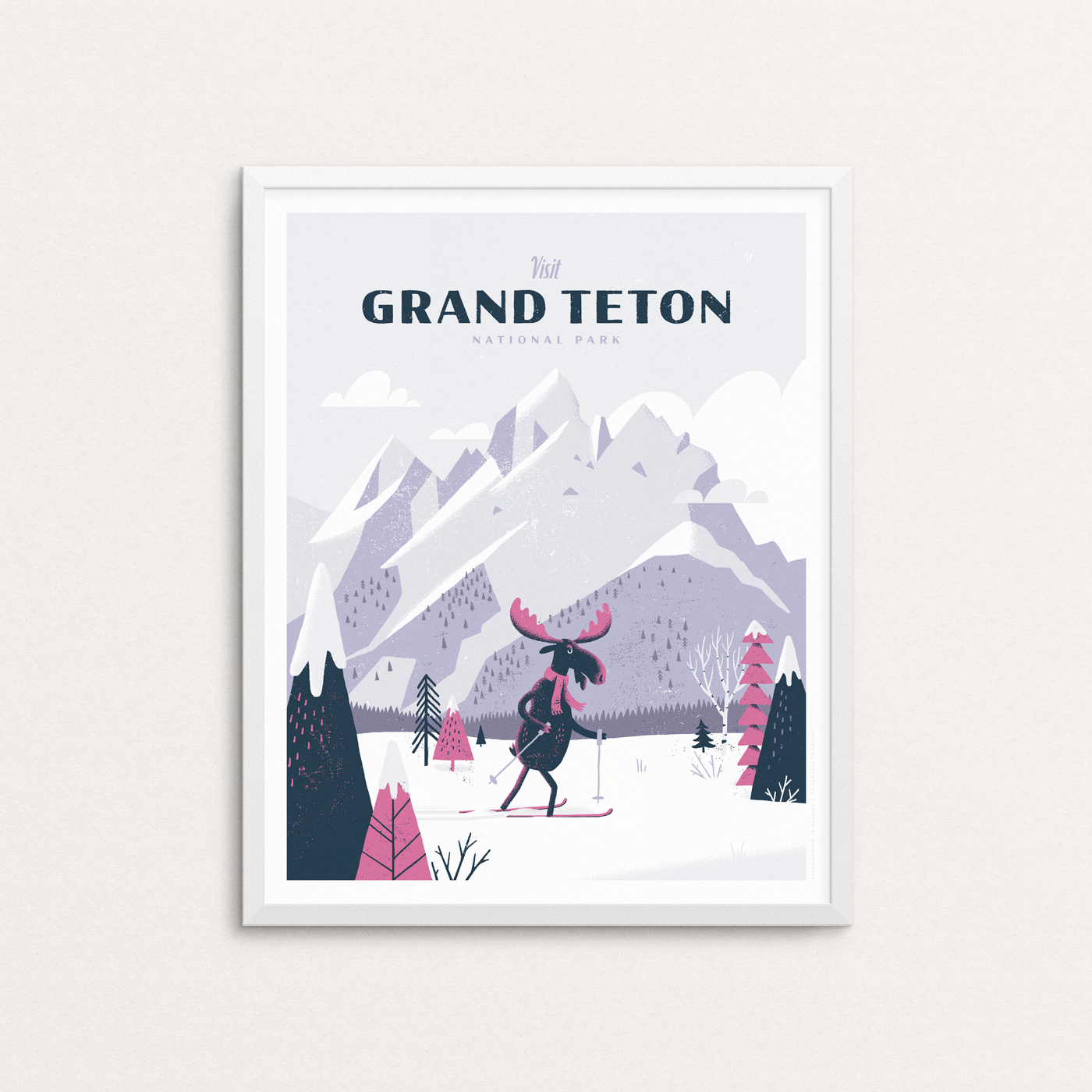 Moose cross country skiing at Grand Teton National Park in Wyoming. Poster show in white frame.