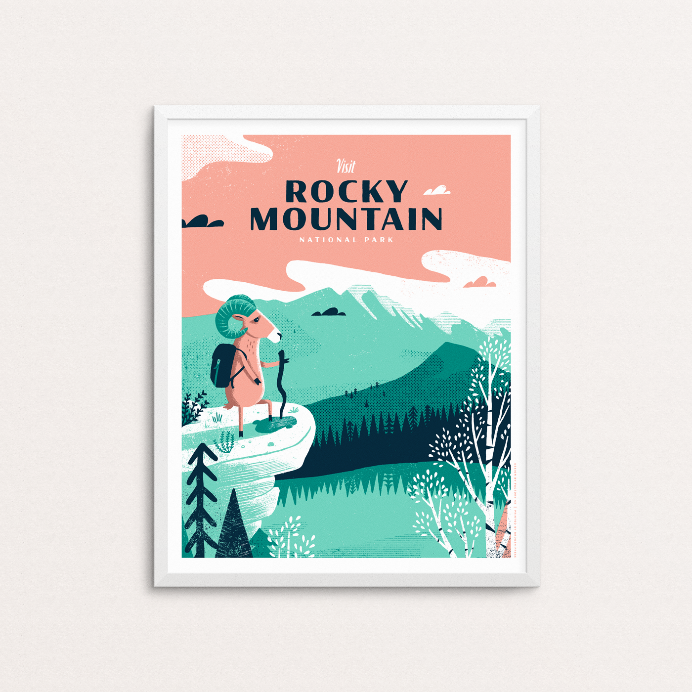 A big horn sheep reaches a scenic point of Rocky Mountain National Park in Colorado.  Poster is shown in a white frame.