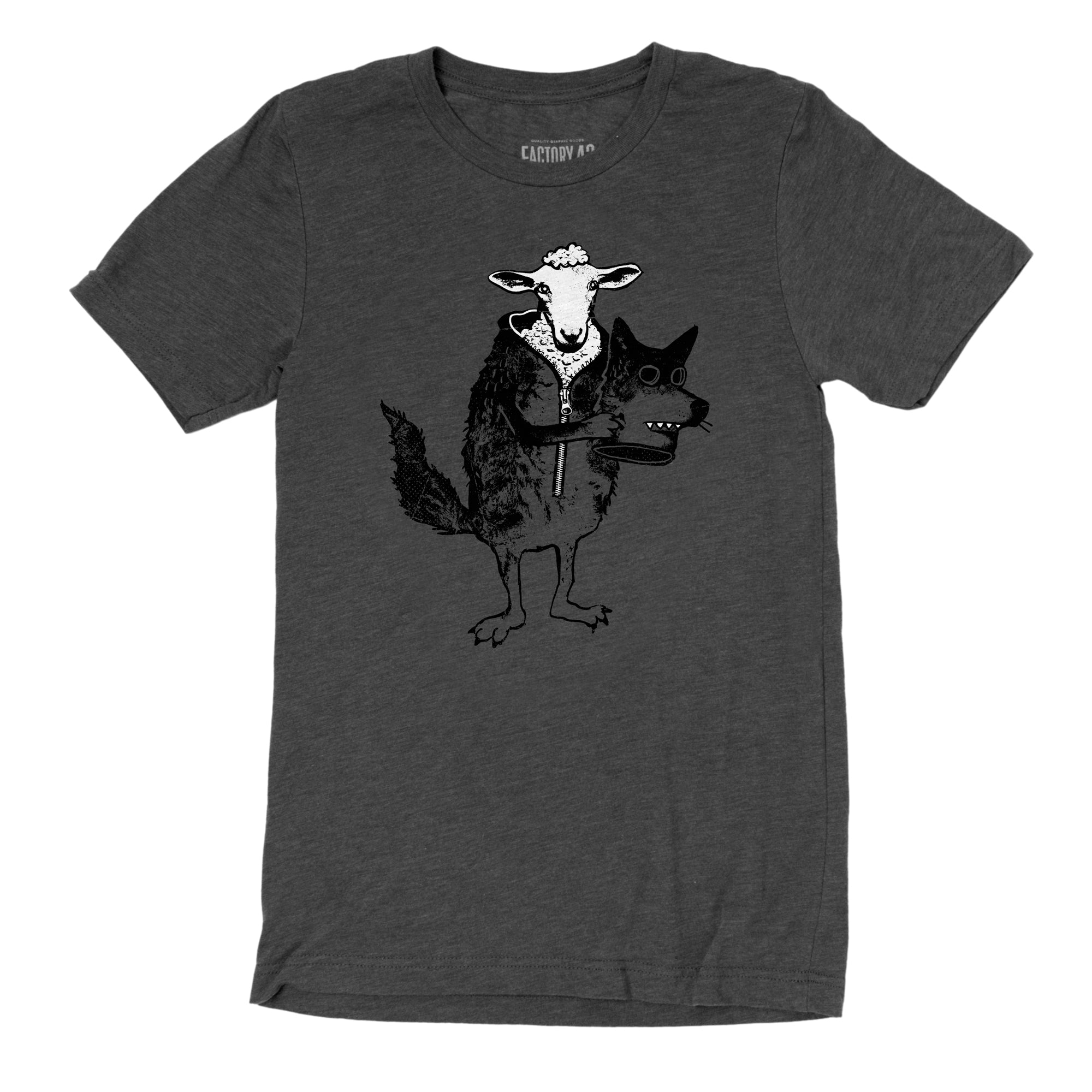 Super soft gray black mens/womens tshirt of a sheep wearing a wolf's costume. Factory 43 is a graphic design studio that makes art with a PNW vibe that reflects their Midwest/Southern roots. This cotton/polyester/rayon shirt printed in Seattle, Washington.