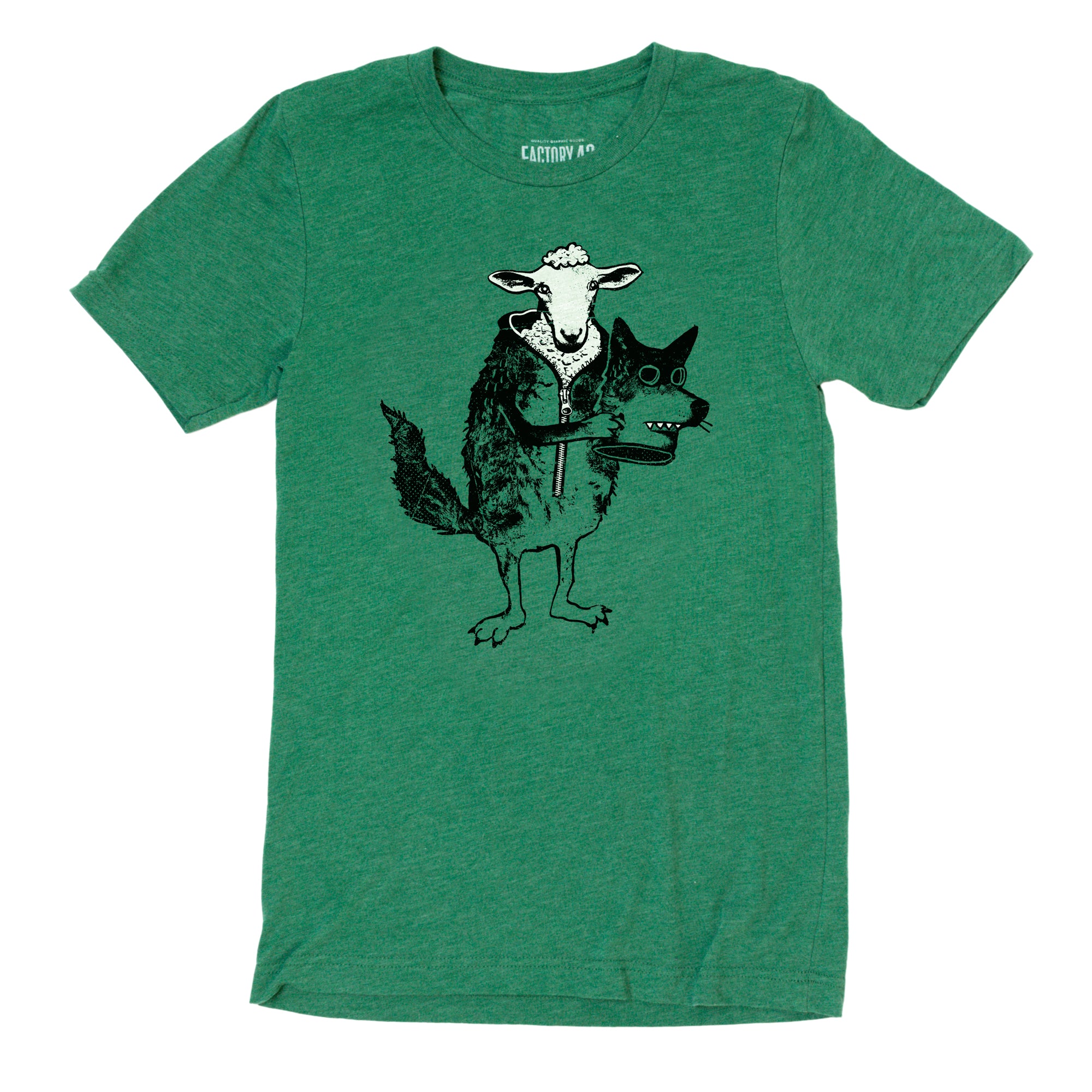 Super soft green mens/womens tshirt of a sheep wearing a wolf's costume. Factory 43 is a graphic design studio that makes art with a PNW vibe that reflects their Midwest/Southern roots. This cotton/polyester/rayon shirt printed in Seattle, Washington.