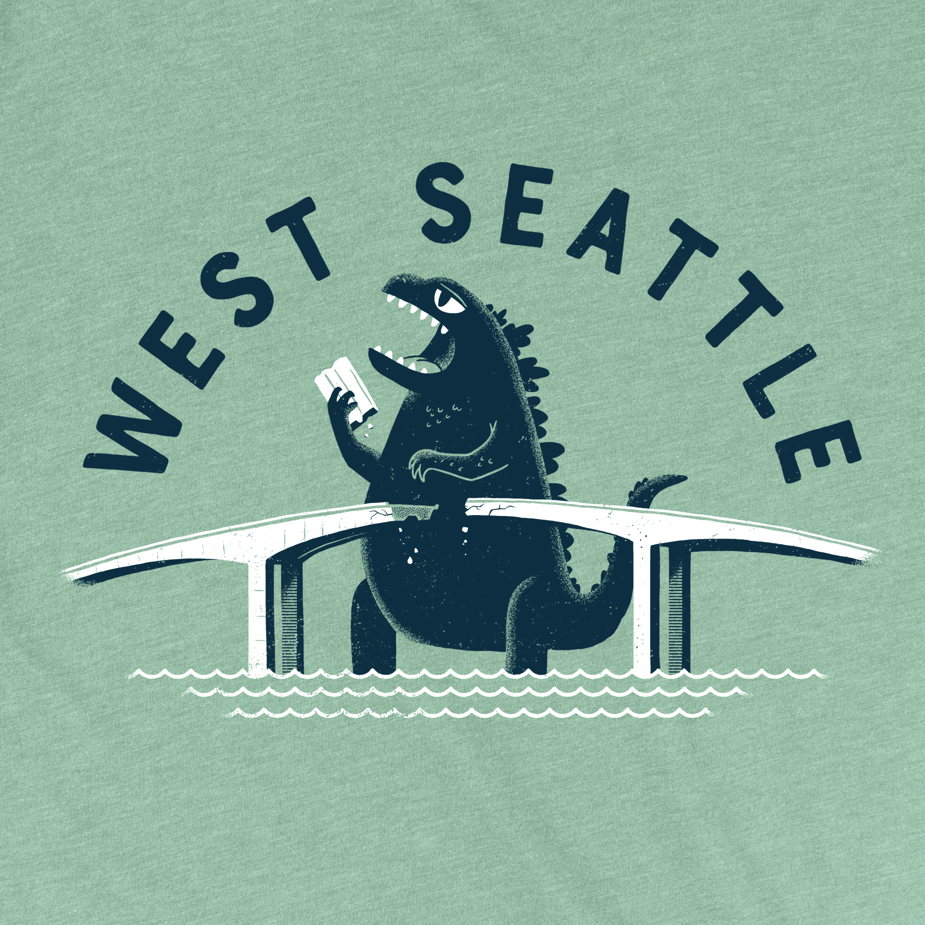 Detail of super soft green mens/womens graphic tshirt of Godzilla or kujuri monster destroying the West Seattle Bridge.