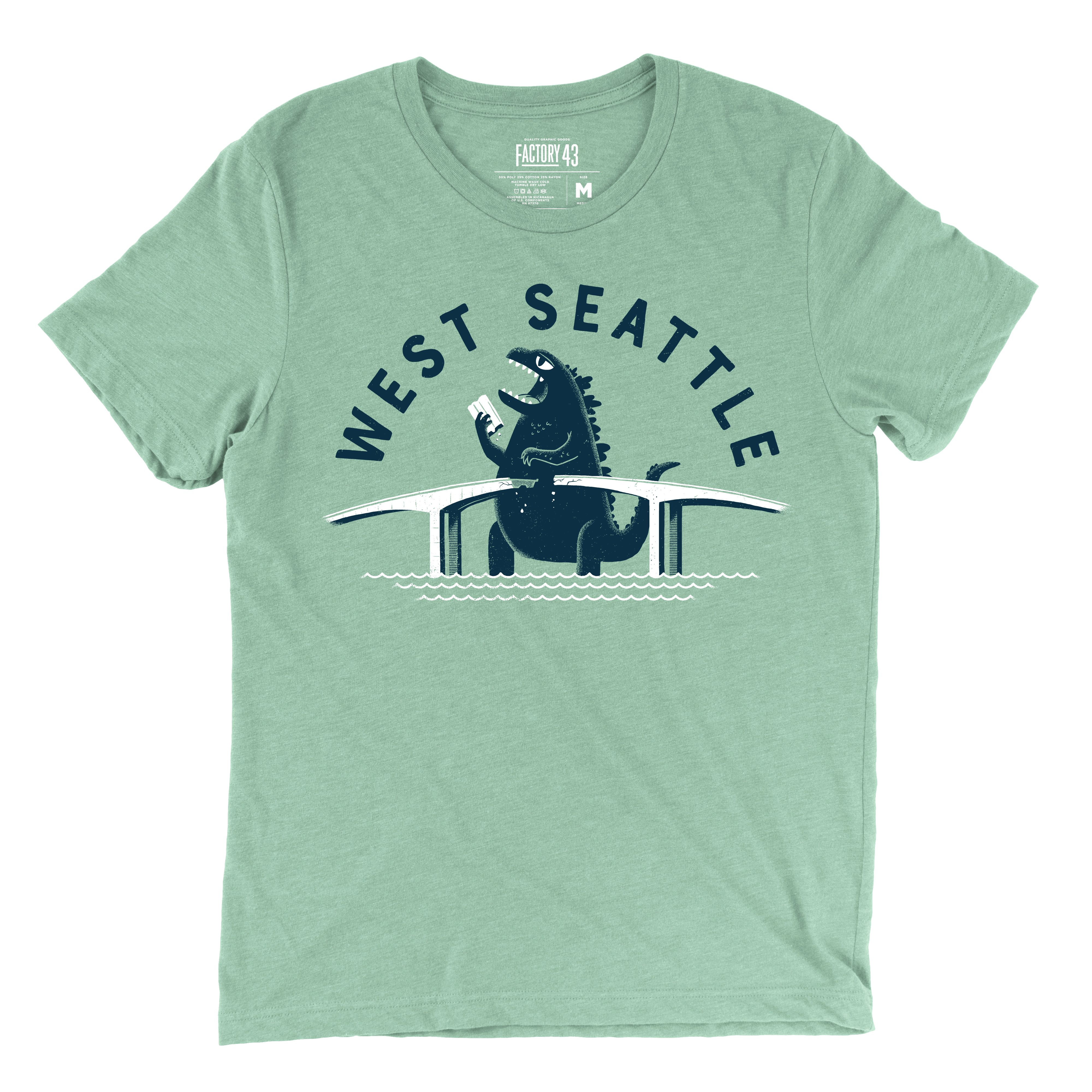 Super soft green mens/womens graphic tshirt of Godzilla or kujuri monster destroying the West Seattle Bridge. 